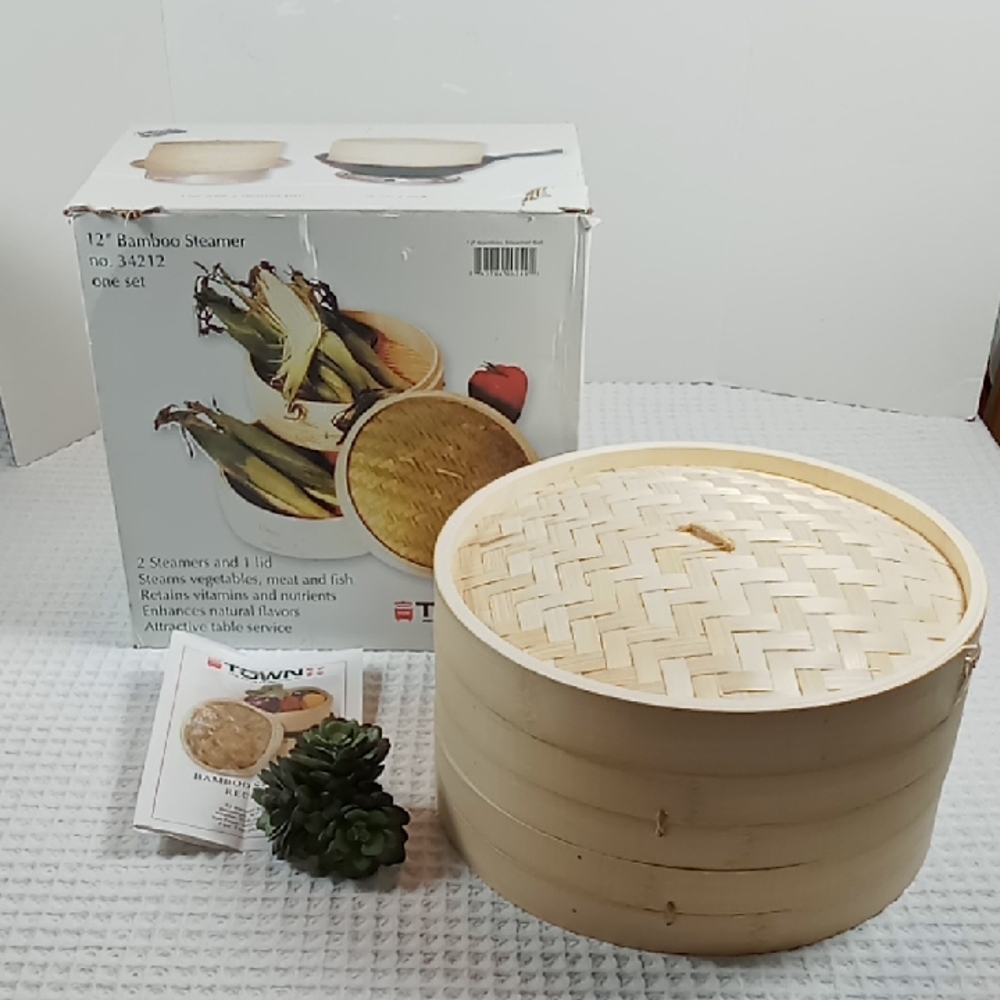 Town 12" Bamboo Steamer Set Steams Veggies,Meat & Fish 2 Steamers And 1 Lid NIB